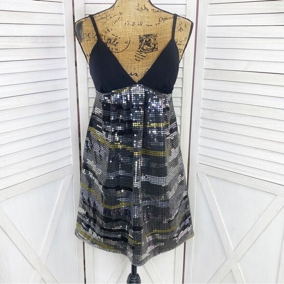 LaROK Black Multi Color Sequin Mirage Y2K Mini Dress Small Black Silver - Picture 1 of 12